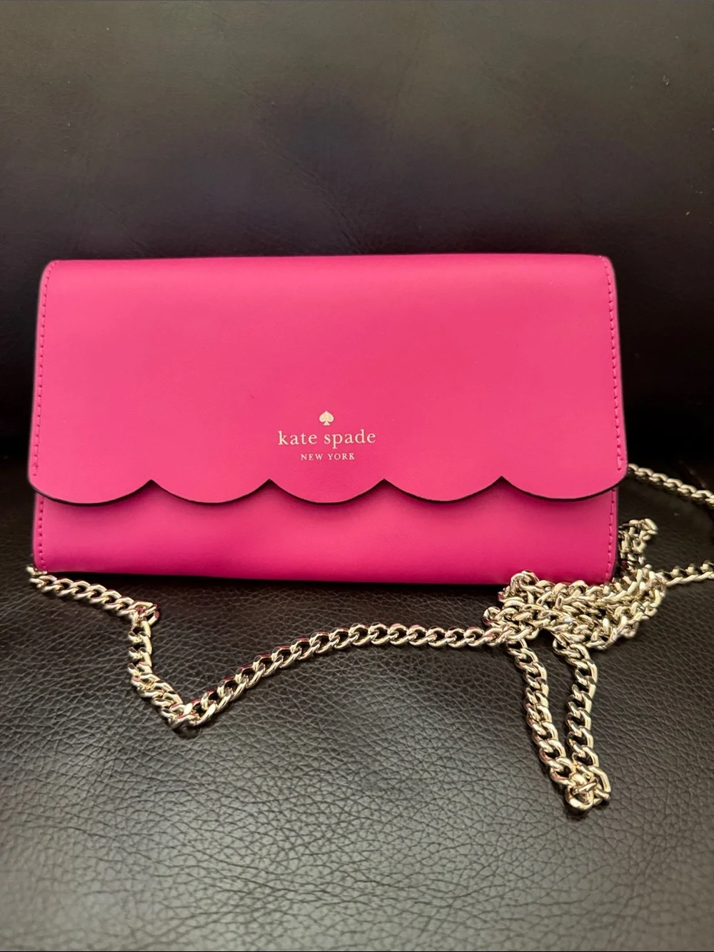 kate spade hot pink scalloped flap leather crossbody with gold chain